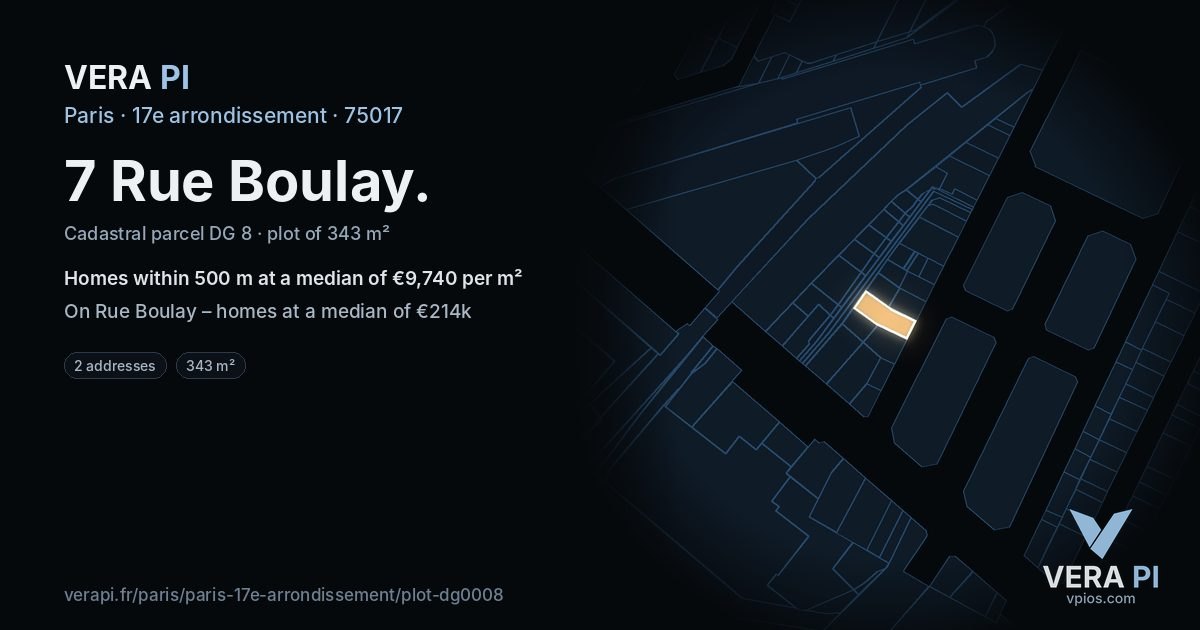 7 Rue Boulay, 17e arrondissement at night – the plot lit, the parcels around coloured by the prices near them