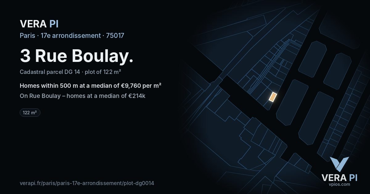 3 Rue Boulay, 17e arrondissement at night – the plot lit, the parcels around coloured by the prices near them