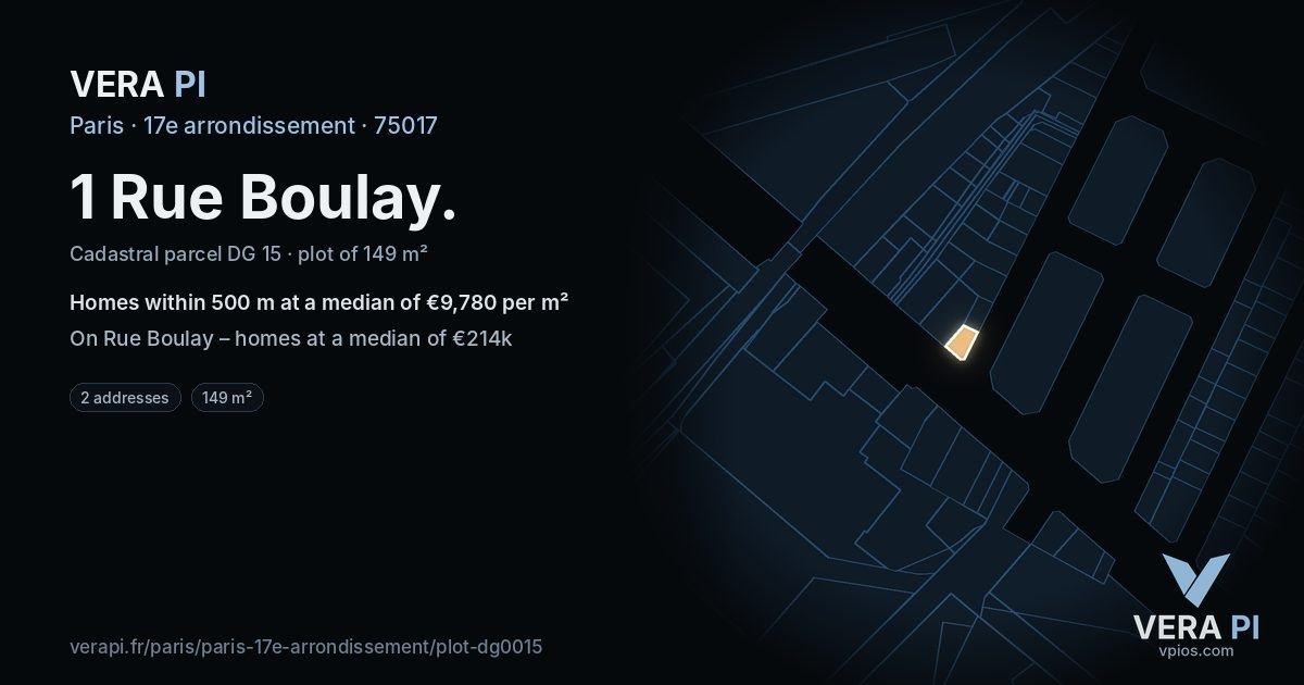 1 Rue Boulay, 17e arrondissement at night – the plot lit, the parcels around coloured by the prices near them