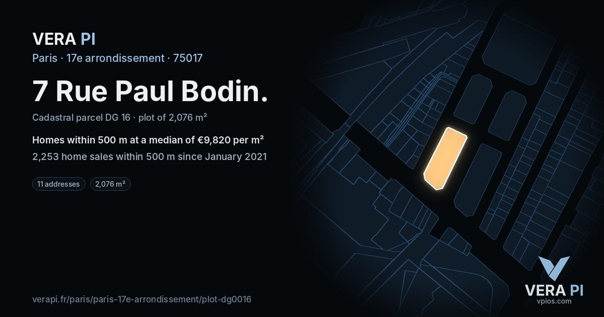 7 Rue Paul Bodin, 17e arrondissement at night – the plot lit, the parcels around coloured by the prices near them