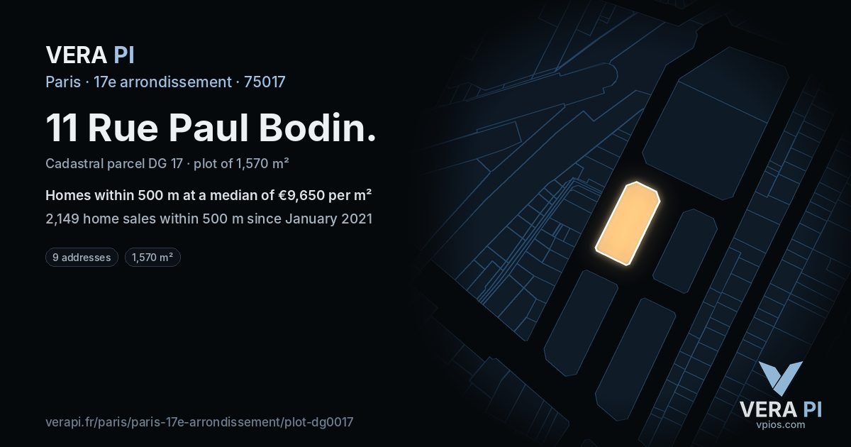11 Rue Paul Bodin, 17e arrondissement at night – the plot lit, the parcels around coloured by the prices near them