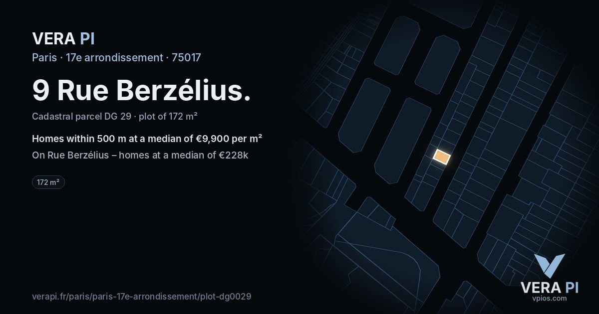 9 Rue Berzélius, 17e arrondissement at night – the plot lit, the parcels around coloured by the prices near them