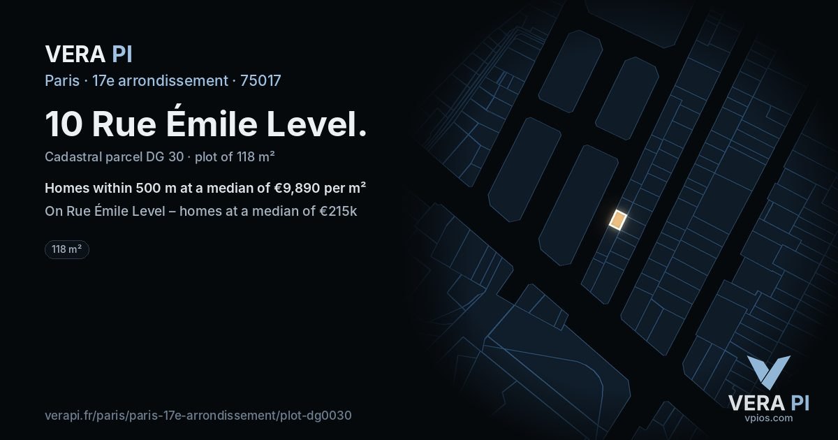 10 Rue Émile Level, 17e arrondissement at night – the plot lit, the parcels around coloured by the prices near them