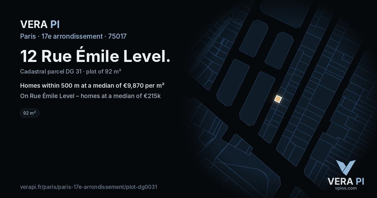12 Rue Émile Level, 17e arrondissement at night – the plot lit, the parcels around coloured by the prices near them