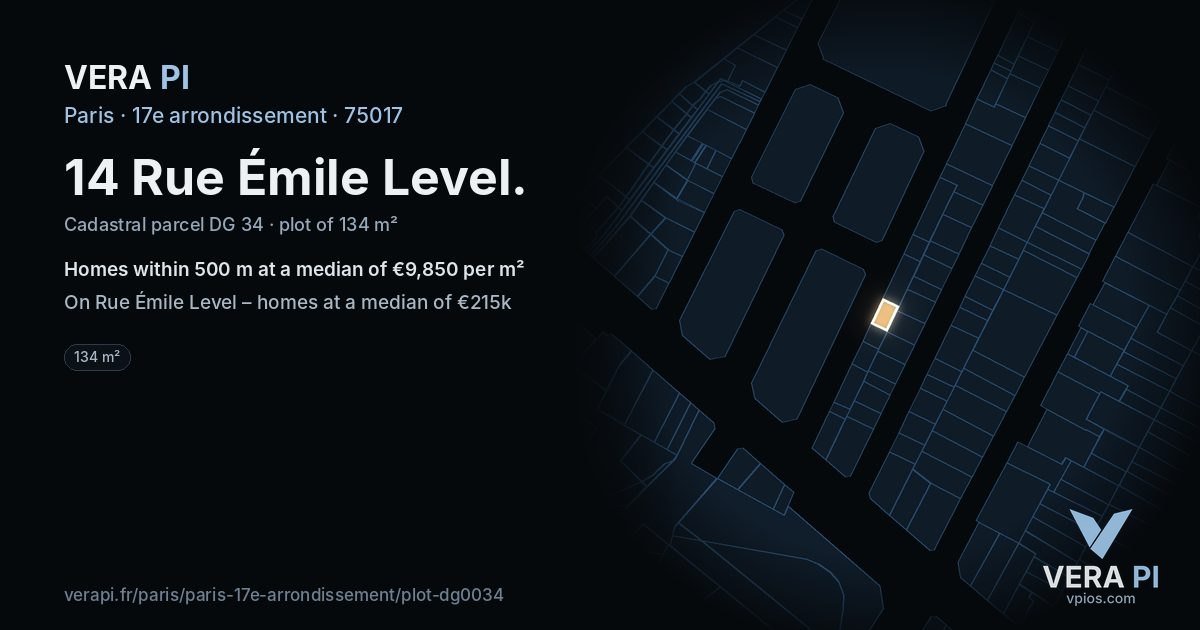 14 Rue Émile Level, 17e arrondissement at night – the plot lit, the parcels around coloured by the prices near them