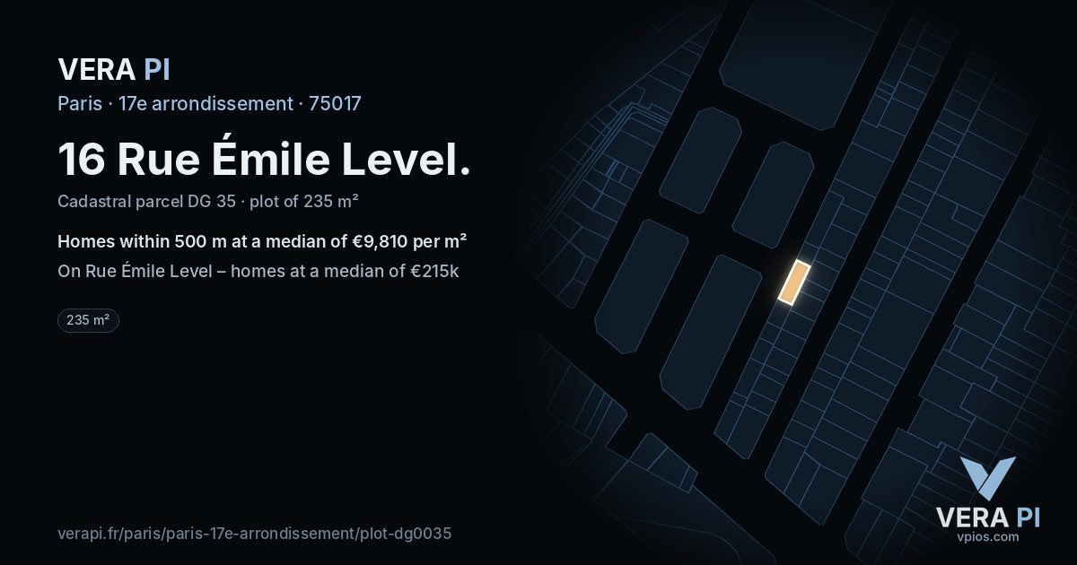 16 Rue Émile Level, 17e arrondissement at night – the plot lit, the parcels around coloured by the prices near them