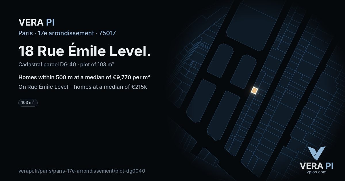 18 Rue Émile Level, 17e arrondissement at night – the plot lit, the parcels around coloured by the prices near them