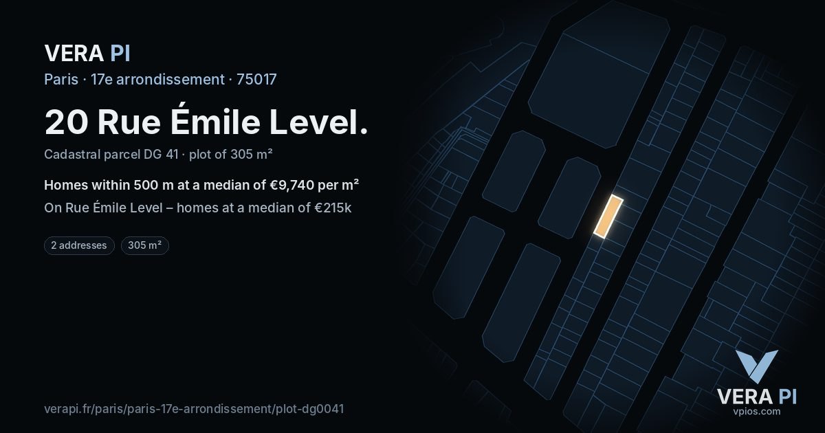 20 Rue Émile Level, 17e arrondissement at night – the plot lit, the parcels around coloured by the prices near them