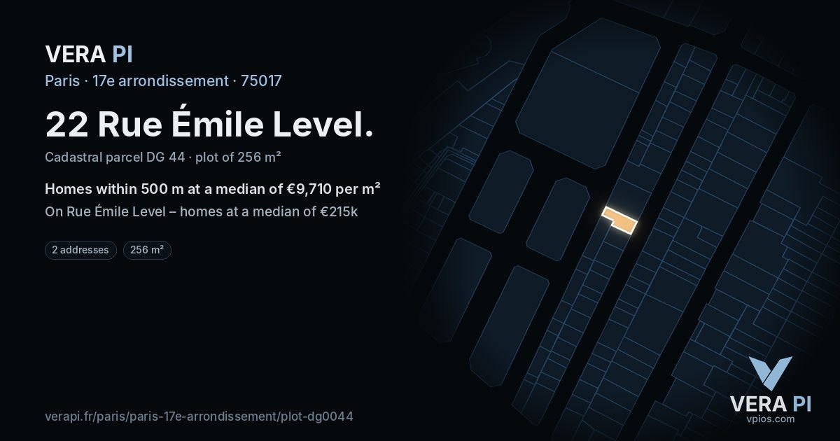 22 Rue Émile Level, 17e arrondissement at night – the plot lit, the parcels around coloured by the prices near them