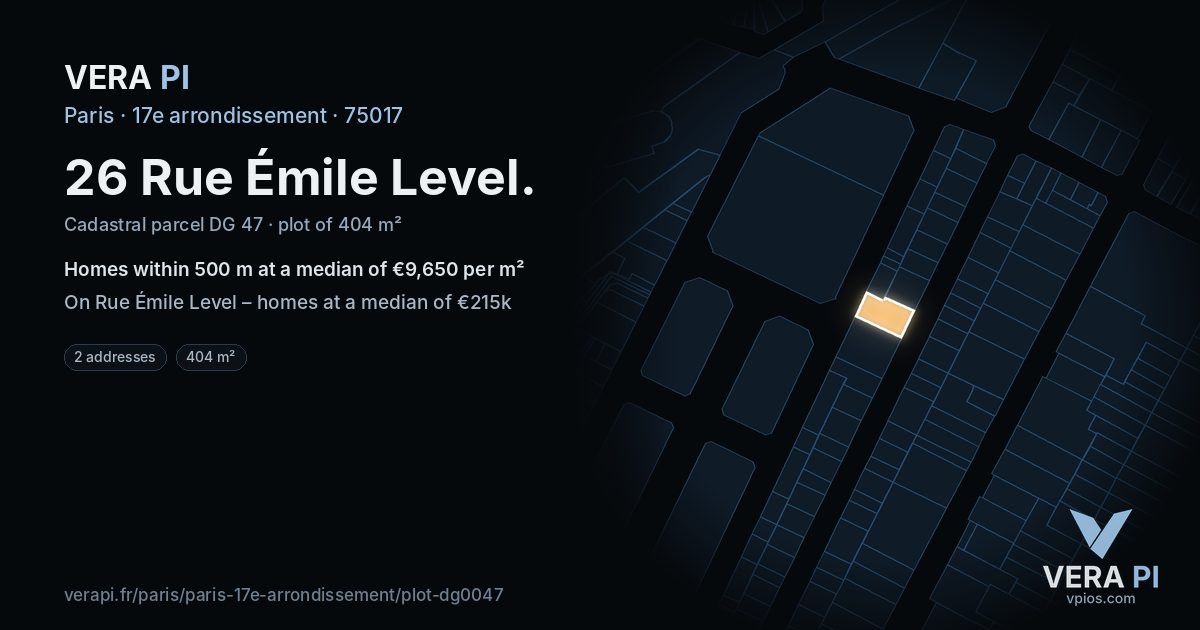 26 Rue Émile Level, 17e arrondissement at night – the plot lit, the parcels around coloured by the prices near them