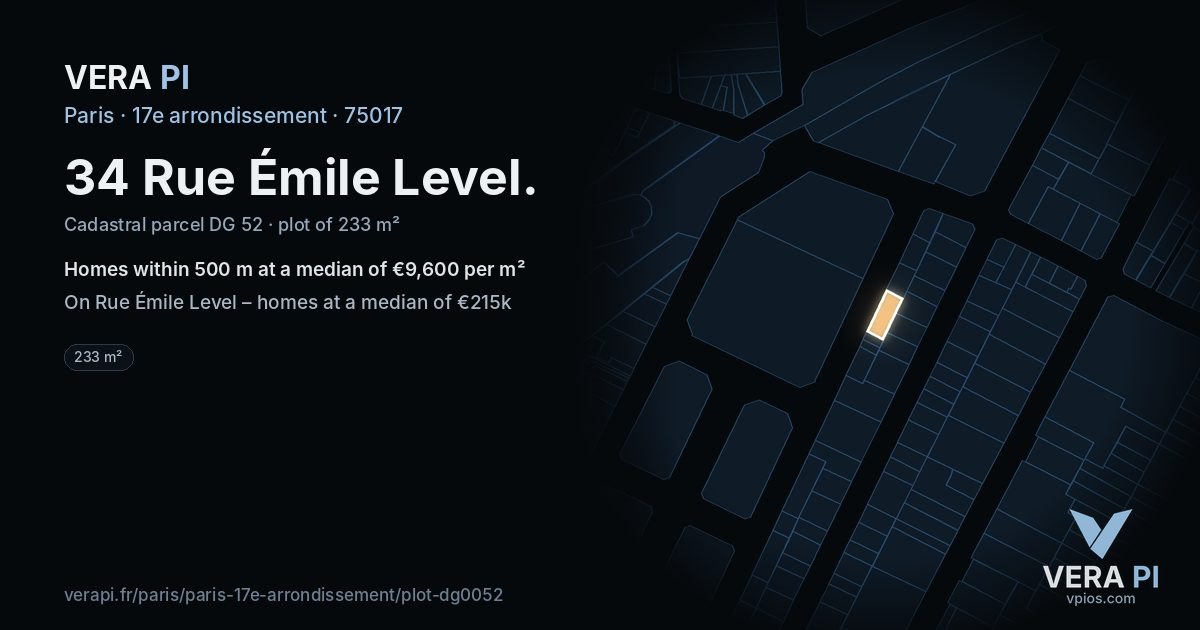 34 Rue Émile Level, 17e arrondissement at night – the plot lit, the parcels around coloured by the prices near them