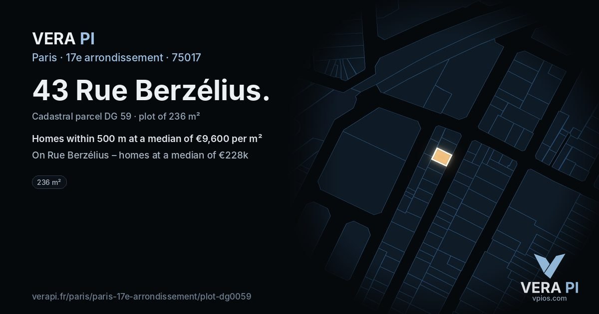 43 Rue Berzélius, 17e arrondissement at night – the plot lit, the parcels around coloured by the prices near them