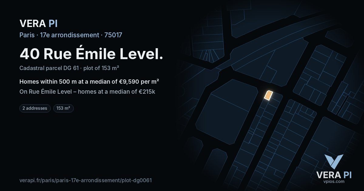 40 Rue Émile Level, 17e arrondissement at night – the plot lit, the parcels around coloured by the prices near them