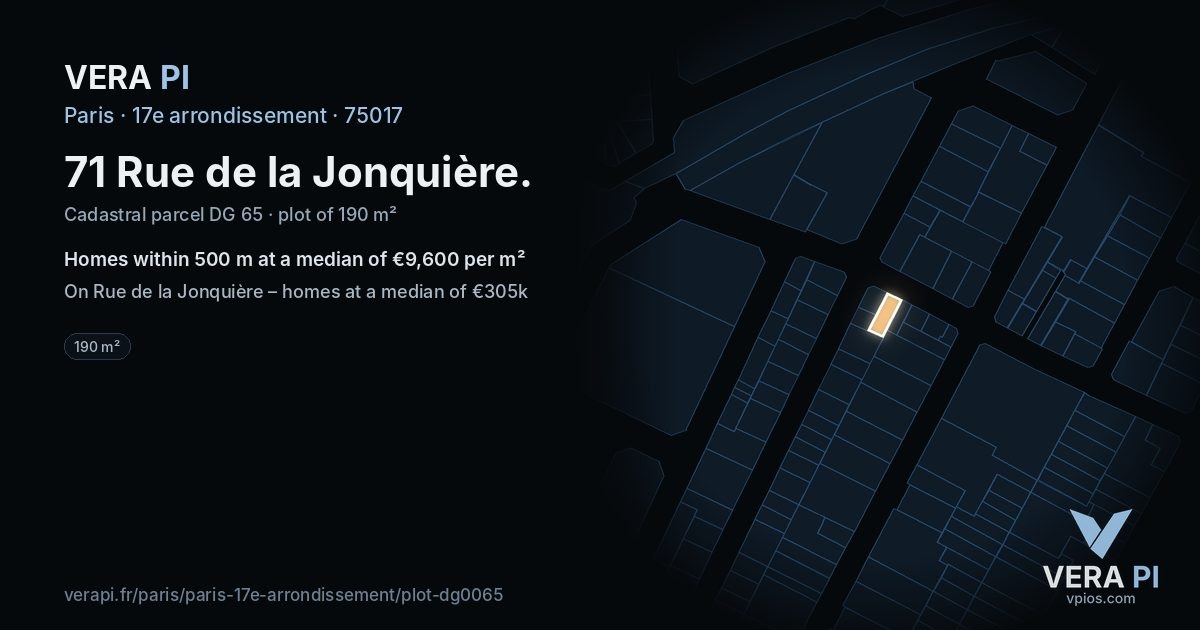 71 Rue de la Jonquière, 17e arrondissement at night – the plot lit, the parcels around coloured by the prices near them