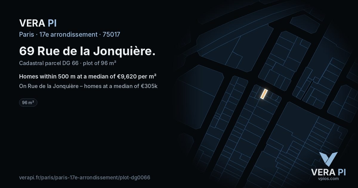 69 Rue de la Jonquière, 17e arrondissement at night – the plot lit, the parcels around coloured by the prices near them