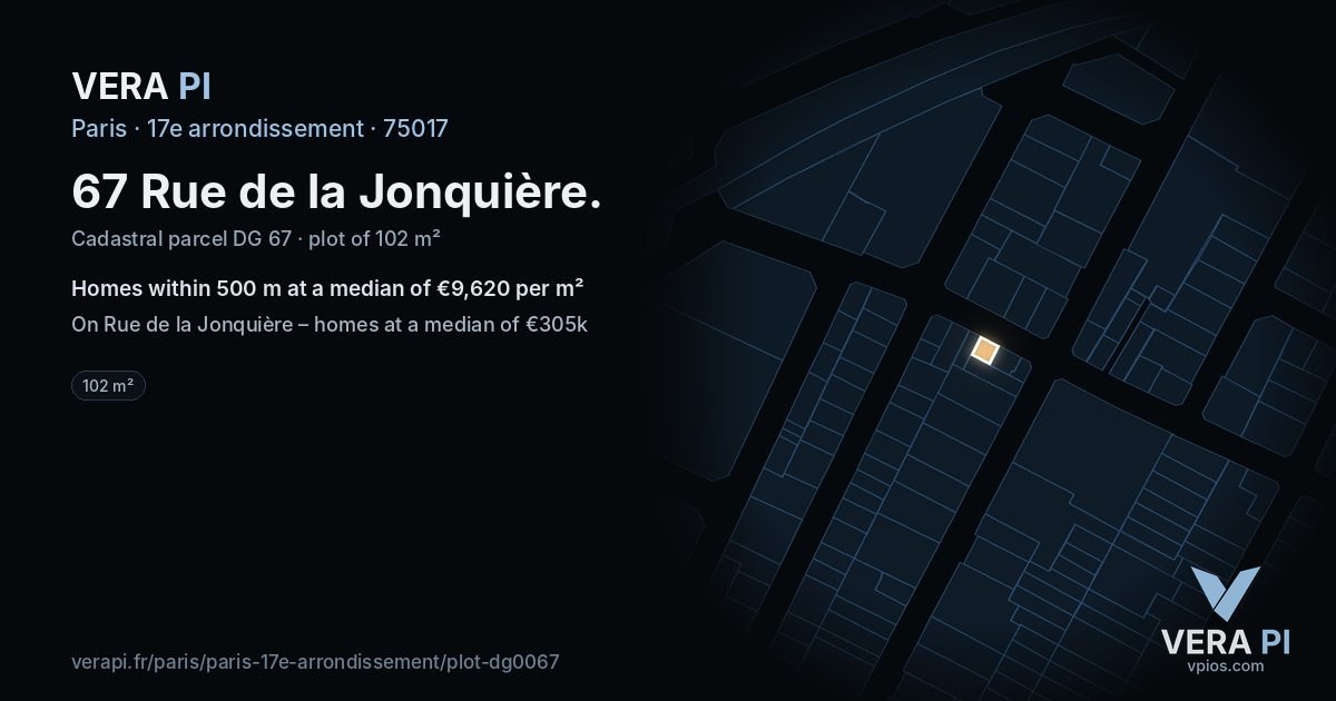 67 Rue de la Jonquière, 17e arrondissement at night – the plot lit, the parcels around coloured by the prices near them