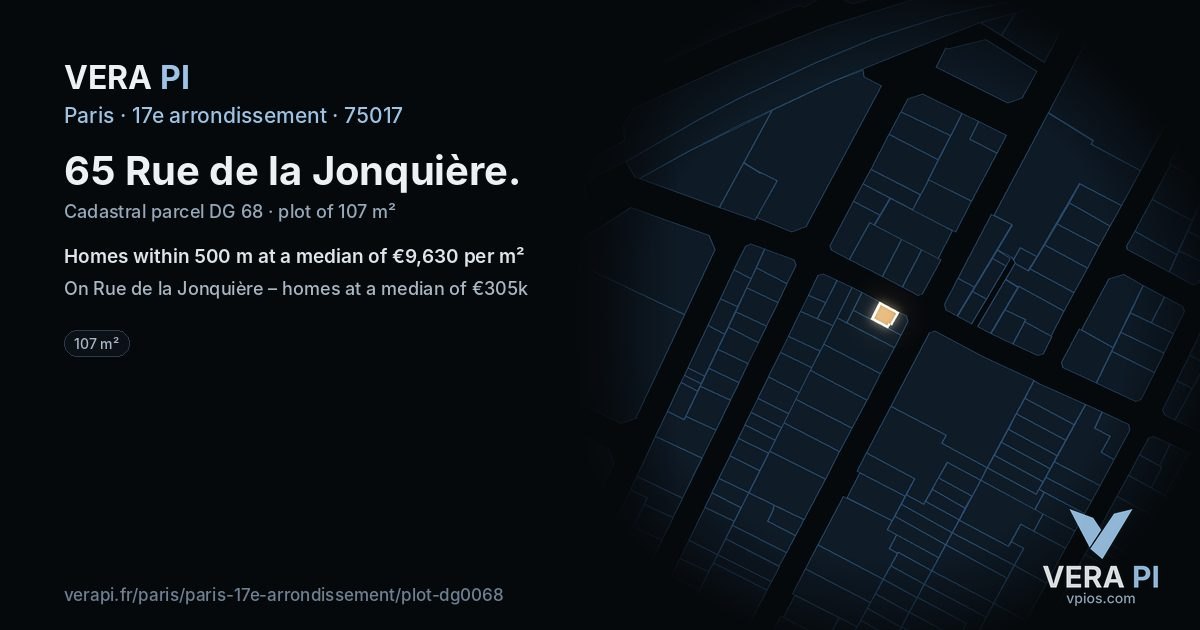 65 Rue de la Jonquière, 17e arrondissement at night – the plot lit, the parcels around coloured by the prices near them
