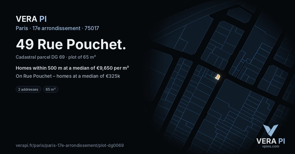 49 Rue Pouchet, 17e arrondissement at night – the plot lit, the parcels around coloured by the prices near them