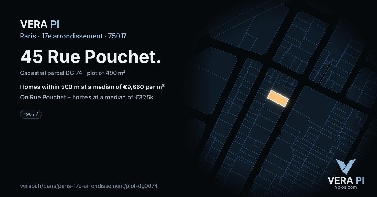45 Rue Pouchet, 17e arrondissement at night – the plot lit, the parcels around coloured by the prices near them