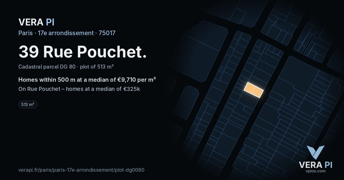 39 Rue Pouchet, 17e arrondissement at night – the plot lit, the parcels around coloured by the prices near them