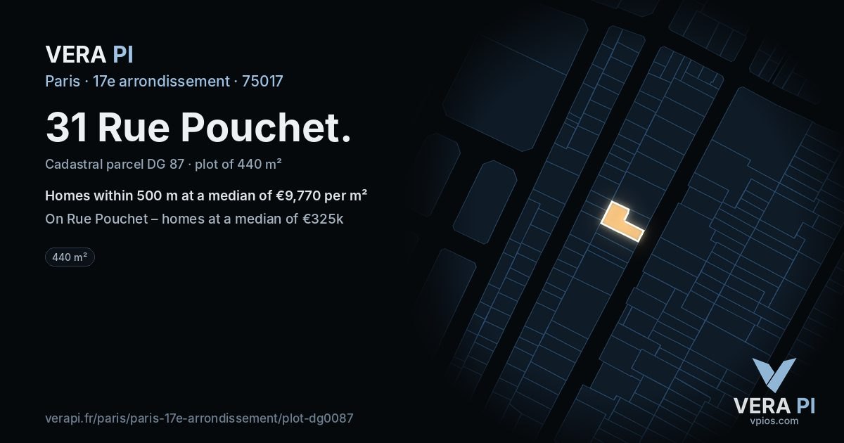 31 Rue Pouchet, 17e arrondissement at night – the plot lit, the parcels around coloured by the prices near them