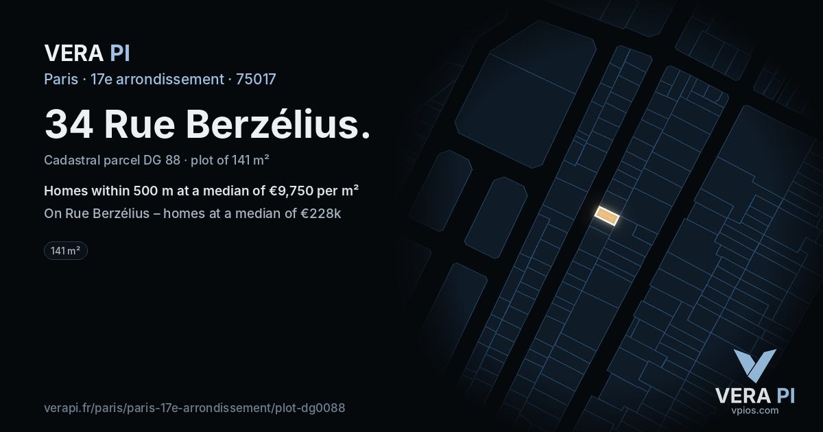 34 Rue Berzélius, 17e arrondissement at night – the plot lit, the parcels around coloured by the prices near them