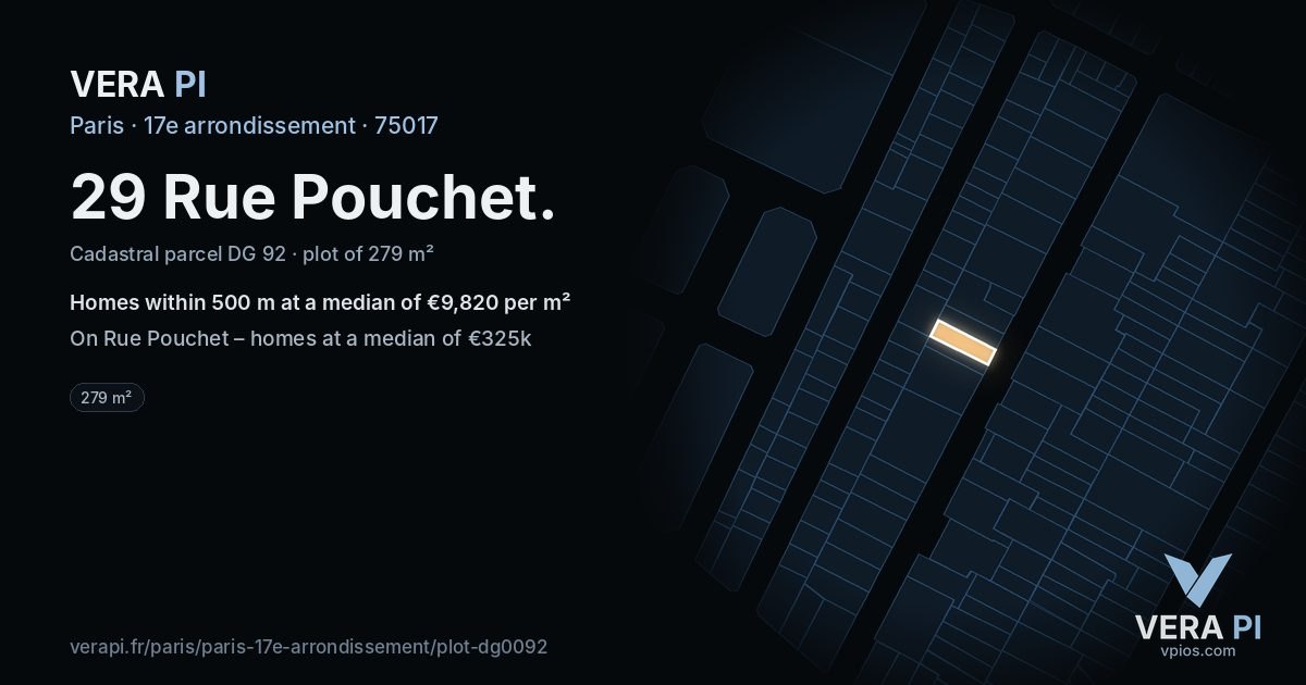 29 Rue Pouchet, 17e arrondissement at night – the plot lit, the parcels around coloured by the prices near them