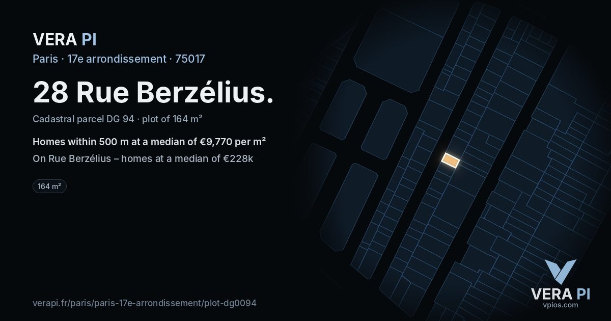 28 Rue Berzélius, 17e arrondissement at night – the plot lit, the parcels around coloured by the prices near them