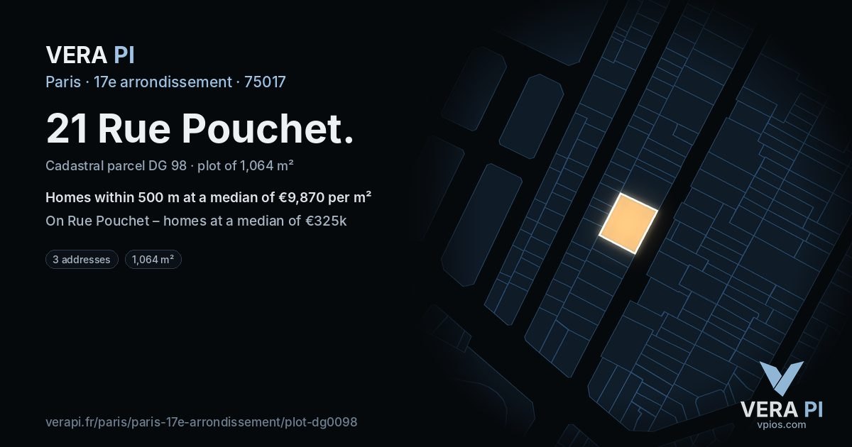 21 Rue Pouchet, 17e arrondissement at night – the plot lit, the parcels around coloured by the prices near them