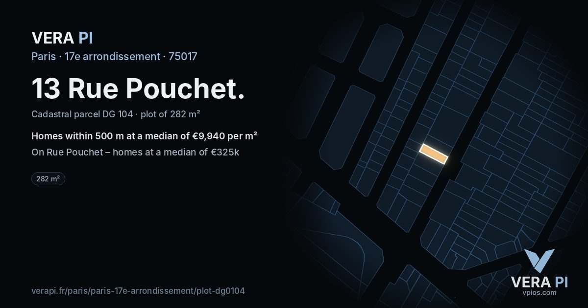 13 Rue Pouchet, 17e arrondissement at night – the plot lit, the parcels around coloured by the prices near them