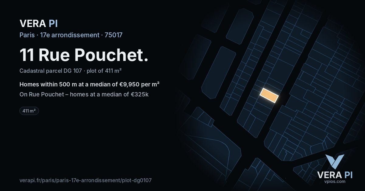 11 Rue Pouchet, 17e arrondissement at night – the plot lit, the parcels around coloured by the prices near them