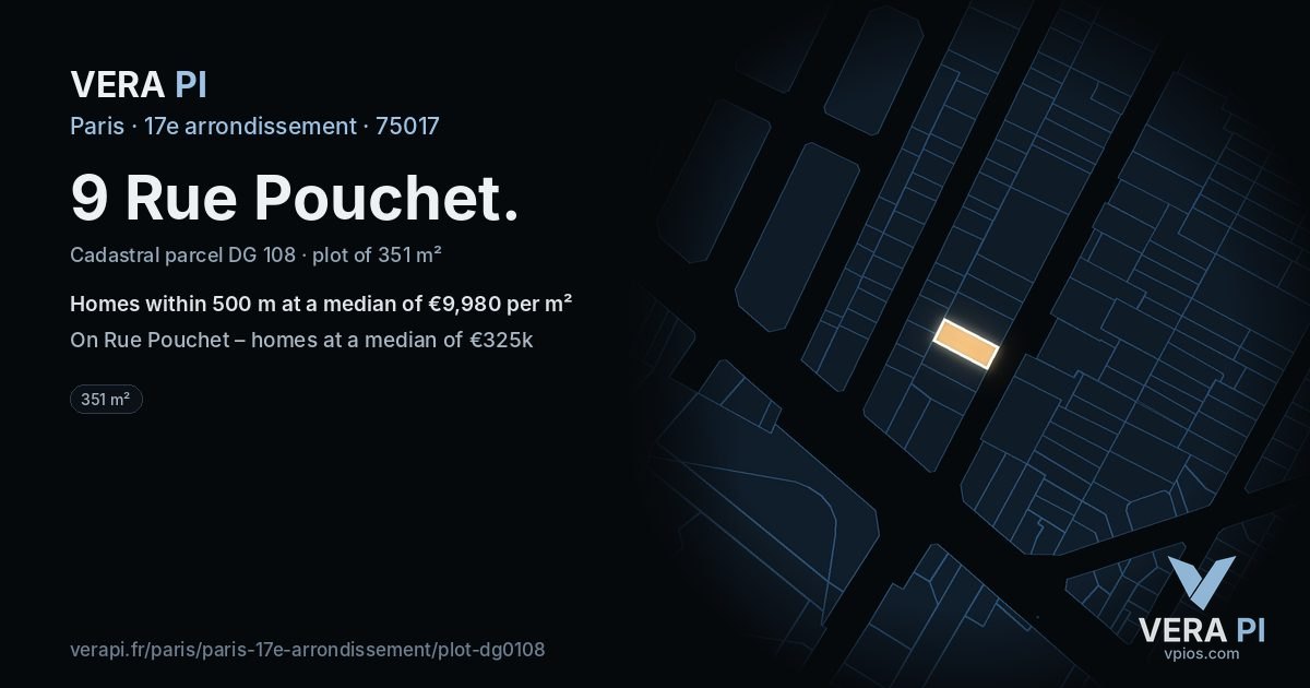 9 Rue Pouchet, 17e arrondissement at night – the plot lit, the parcels around coloured by the prices near them