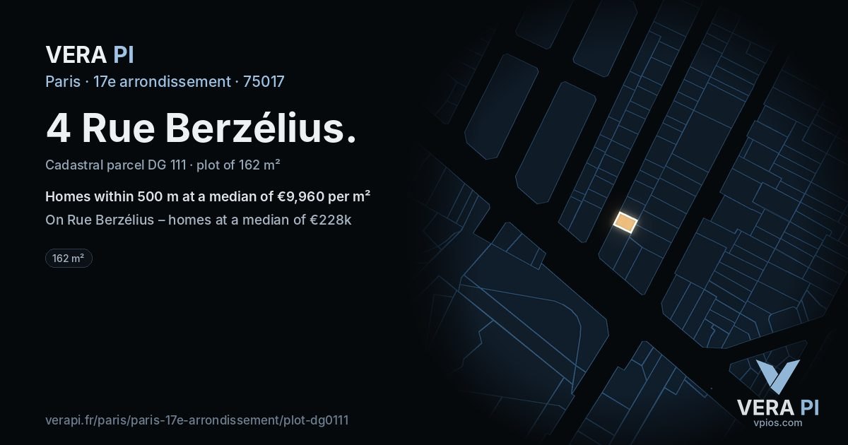 4 Rue Berzélius, 17e arrondissement at night – the plot lit, the parcels around coloured by the prices near them