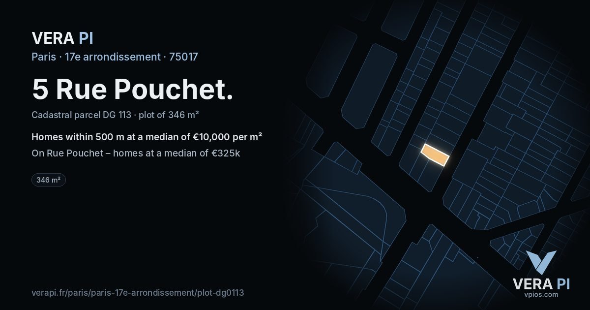 5 Rue Pouchet, 17e arrondissement at night – the plot lit, the parcels around coloured by the prices near them