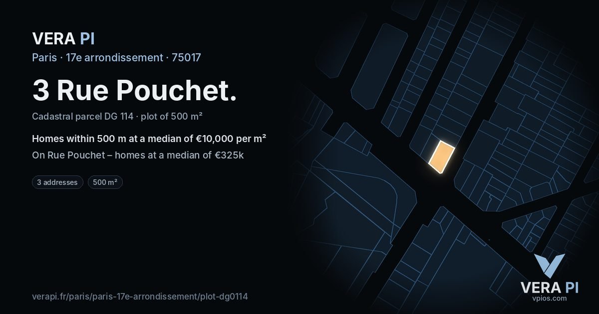 3 Rue Pouchet, 17e arrondissement at night – the plot lit, the parcels around coloured by the prices near them