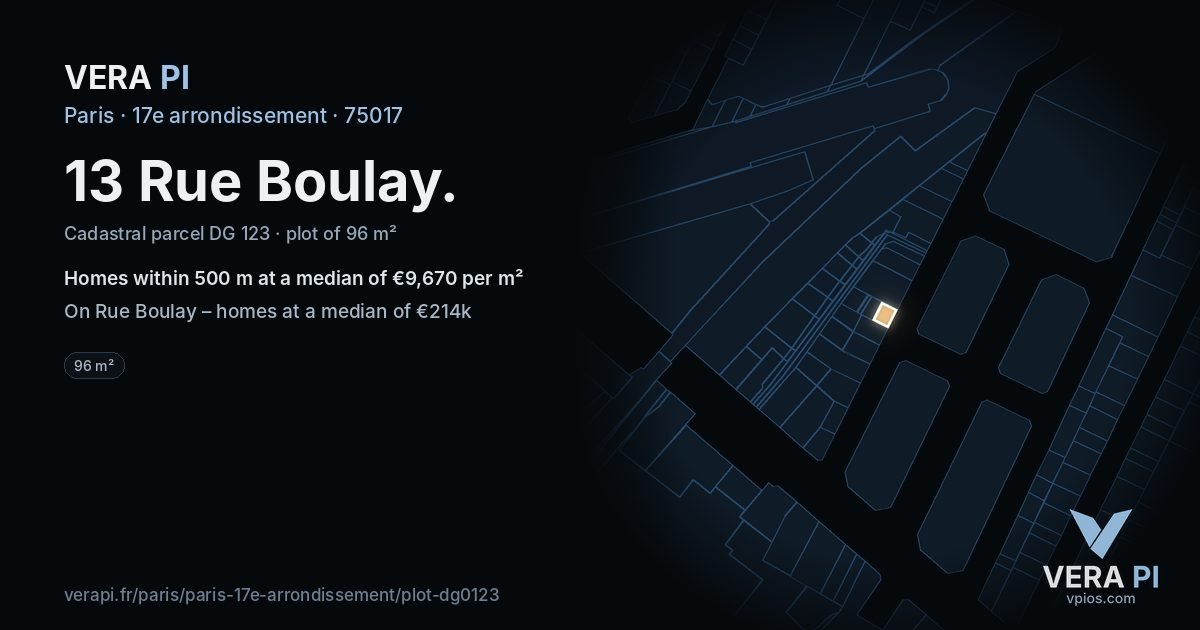 13 Rue Boulay, 17e arrondissement at night – the plot lit, the parcels around coloured by the prices near them
