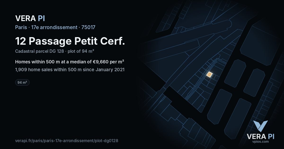 12 Passage Petit Cerf, 17e arrondissement at night – the plot lit, the parcels around coloured by the prices near them