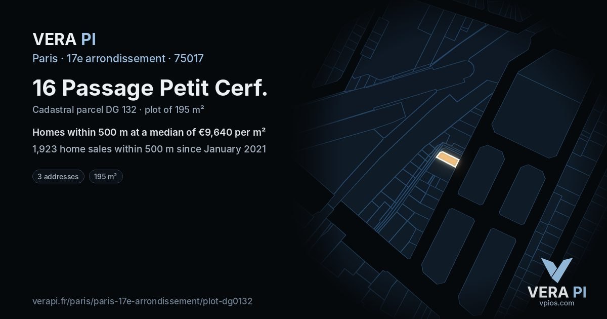 16 Passage Petit Cerf, 17e arrondissement at night – the plot lit, the parcels around coloured by the prices near them