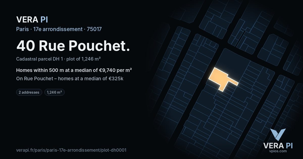 40 Rue Pouchet, 17e arrondissement at night – the plot lit, the parcels around coloured by the prices near them