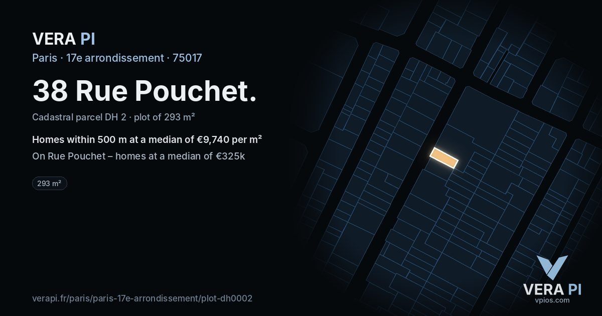 38 Rue Pouchet, 17e arrondissement at night – the plot lit, the parcels around coloured by the prices near them