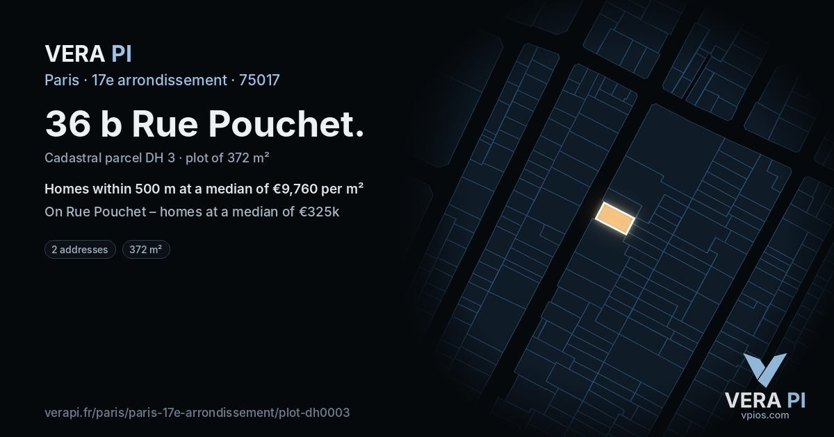 36 b Rue Pouchet, 17e arrondissement at night – the plot lit, the parcels around coloured by the prices near them