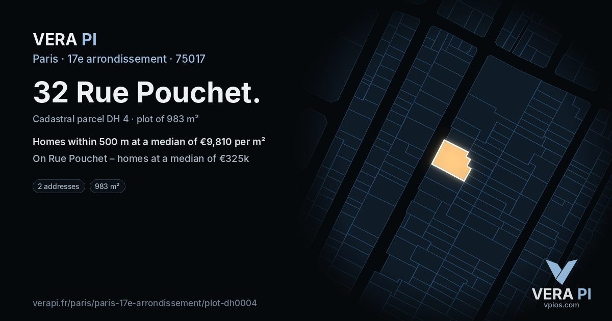 32 Rue Pouchet, 17e arrondissement at night – the plot lit, the parcels around coloured by the prices near them