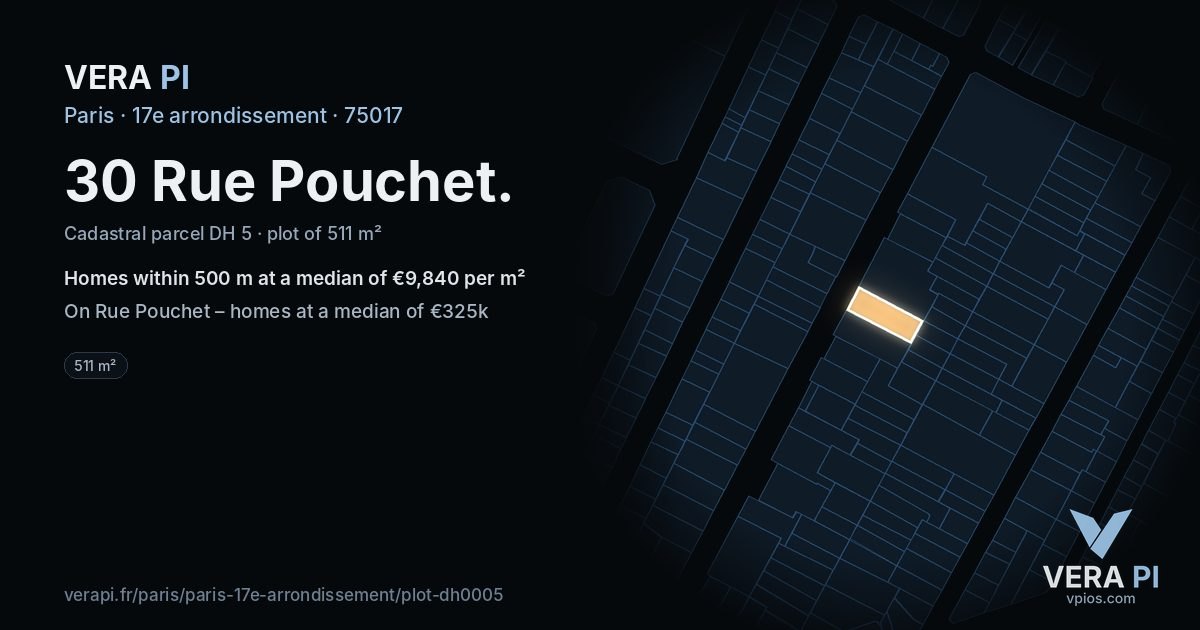 30 Rue Pouchet, 17e arrondissement at night – the plot lit, the parcels around coloured by the prices near them