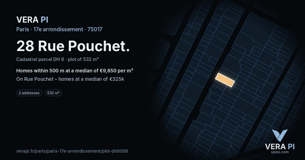 28 Rue Pouchet, 17e arrondissement at night – the plot lit, the parcels around coloured by the prices near them