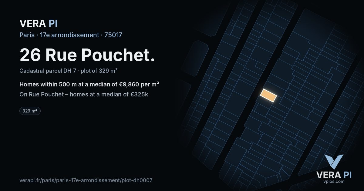 26 Rue Pouchet, 17e arrondissement at night – the plot lit, the parcels around coloured by the prices near them