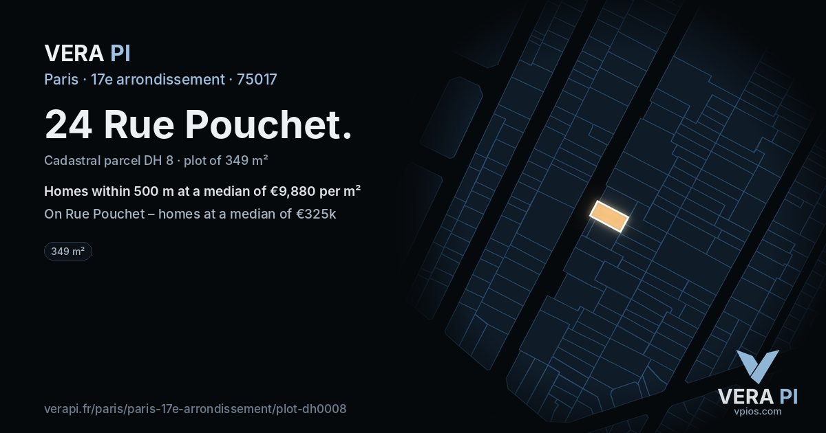 24 Rue Pouchet, 17e arrondissement at night – the plot lit, the parcels around coloured by the prices near them