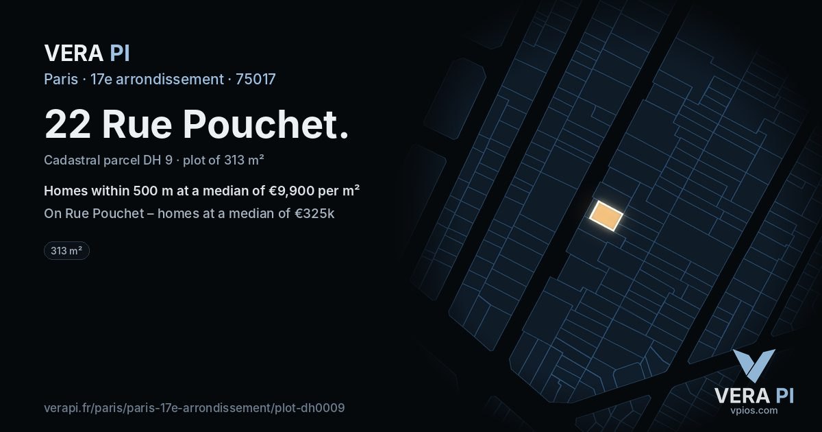 22 Rue Pouchet, 17e arrondissement at night – the plot lit, the parcels around coloured by the prices near them
