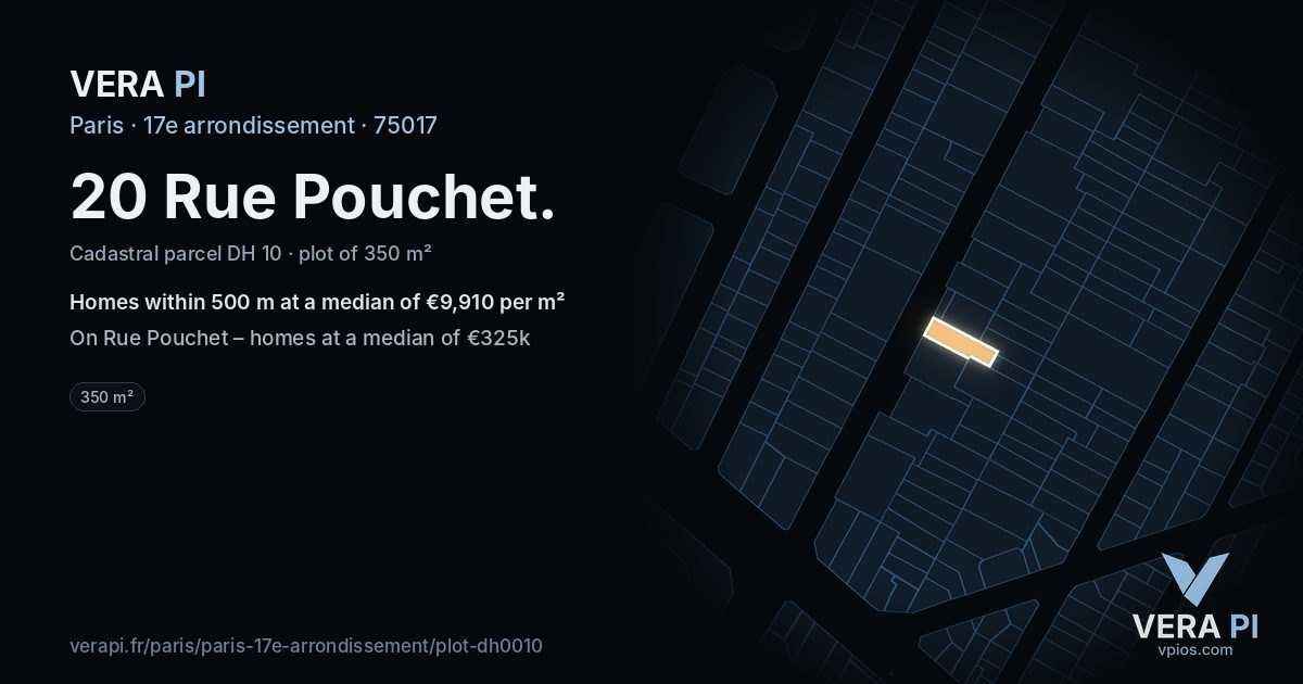 20 Rue Pouchet, 17e arrondissement at night – the plot lit, the parcels around coloured by the prices near them
