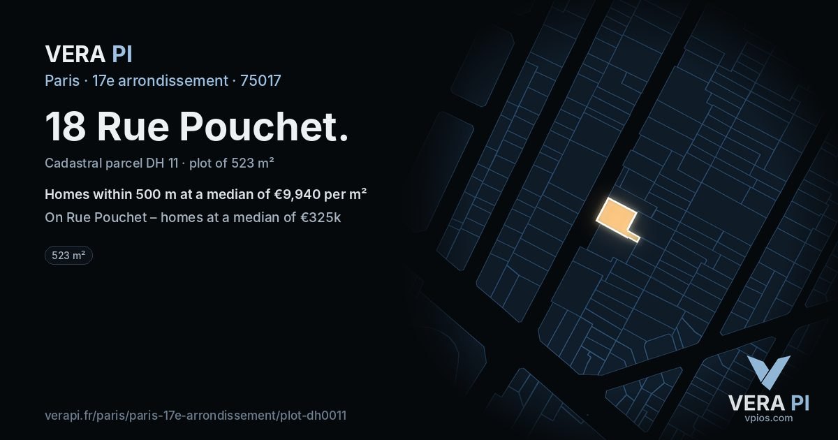 18 Rue Pouchet, 17e arrondissement at night – the plot lit, the parcels around coloured by the prices near them
