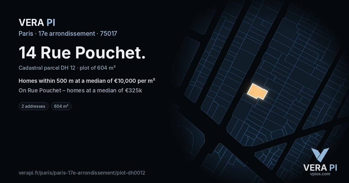 14 Rue Pouchet, 17e arrondissement at night – the plot lit, the parcels around coloured by the prices near them